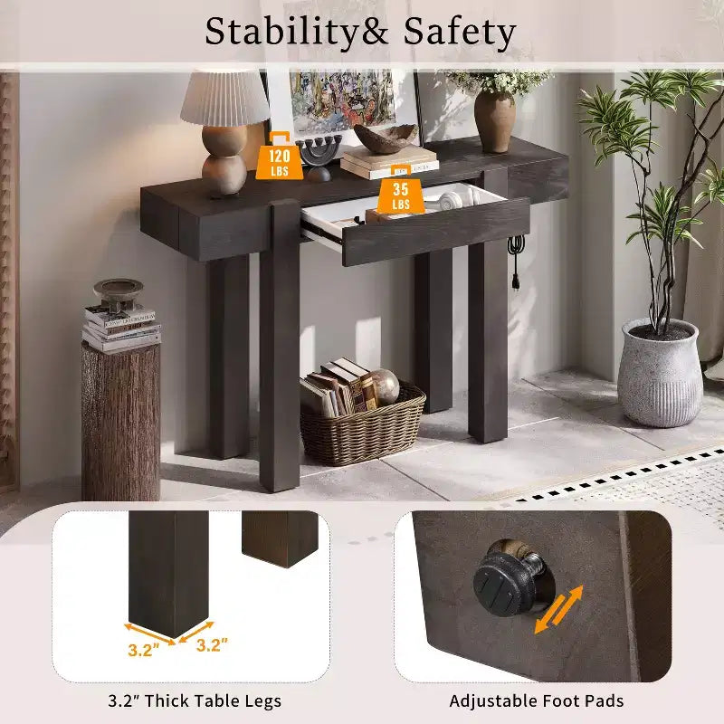 GDFStudio Sam 47.25 Rustic Minimalist Console Table with Hidden Drawer and Side Power Outlet