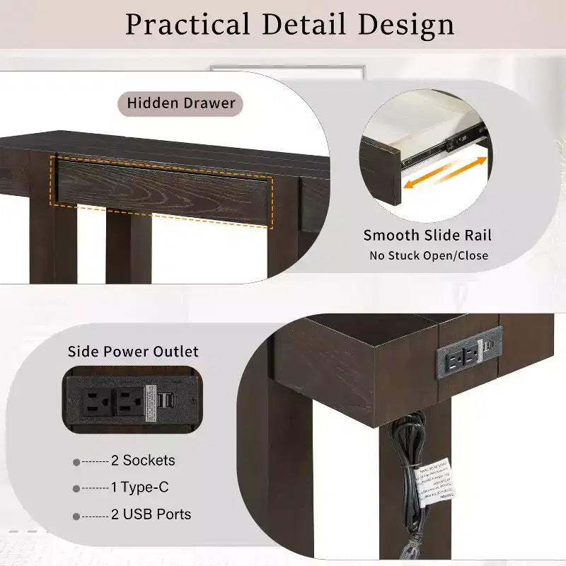 GDFStudio Sam 47.25 Rustic Minimalist Console Table with Hidden Drawer and Side Power Outlet