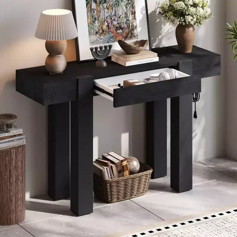 GDFStudio Sam 47.25 Rustic Minimalist Console Table with Hidden Drawer and Side Power Outlet