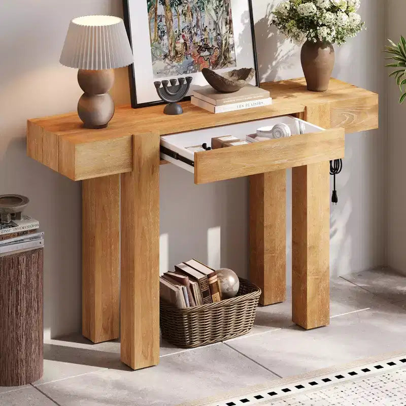 GDFStudio Sam 47.25 Rustic Minimalist Console Table with Hidden Drawer and Side Power Outlet