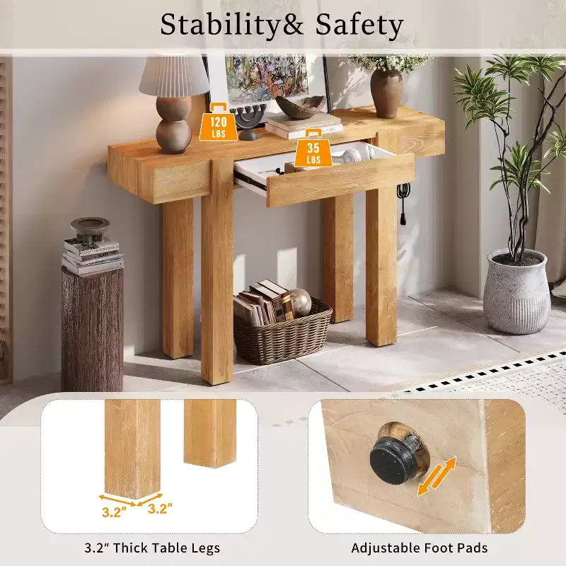 GDFStudio Sam 47.25 Rustic Minimalist Console Table with Hidden Drawer and Side Power Outlet