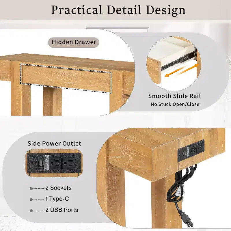 GDFStudio Sam 47.25 Rustic Minimalist Console Table with Hidden Drawer and Side Power Outlet