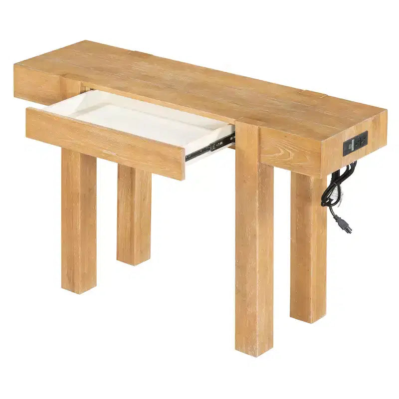 GDFStudio Sam 47.25 Rustic Minimalist Console Table with Hidden Drawer and Side Power Outlet