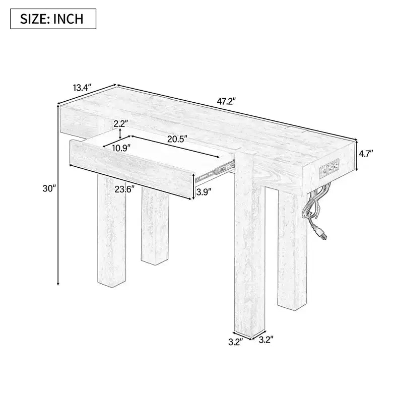 GDFStudio Sam 47.25 Rustic Minimalist Console Table with Hidden Drawer and Side Power Outlet