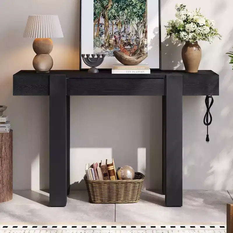 GDFStudio Sam 47.25 Rustic Minimalist Console Table with Hidden Drawer and Side Power Outlet