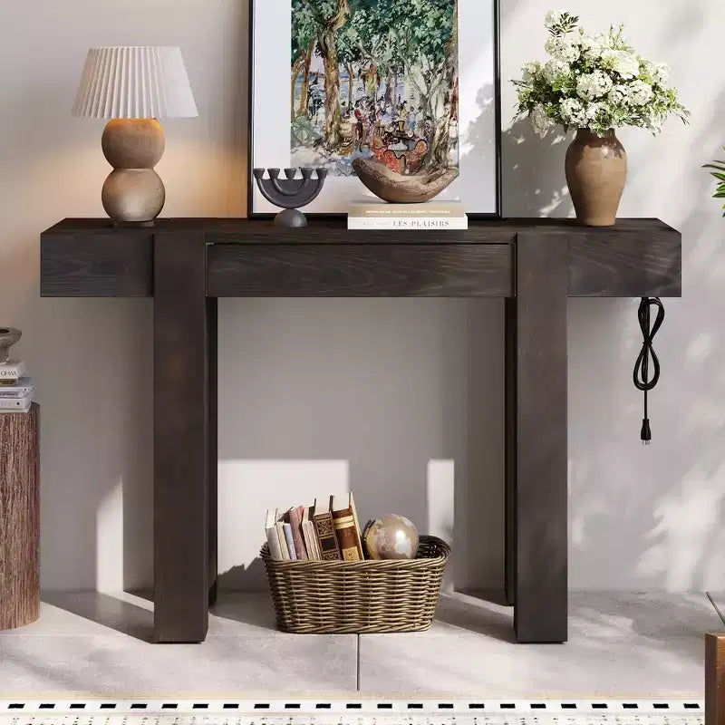 GDFStudio Sam 47.25 Rustic Minimalist Console Table with Hidden Drawer and Side Power Outlet