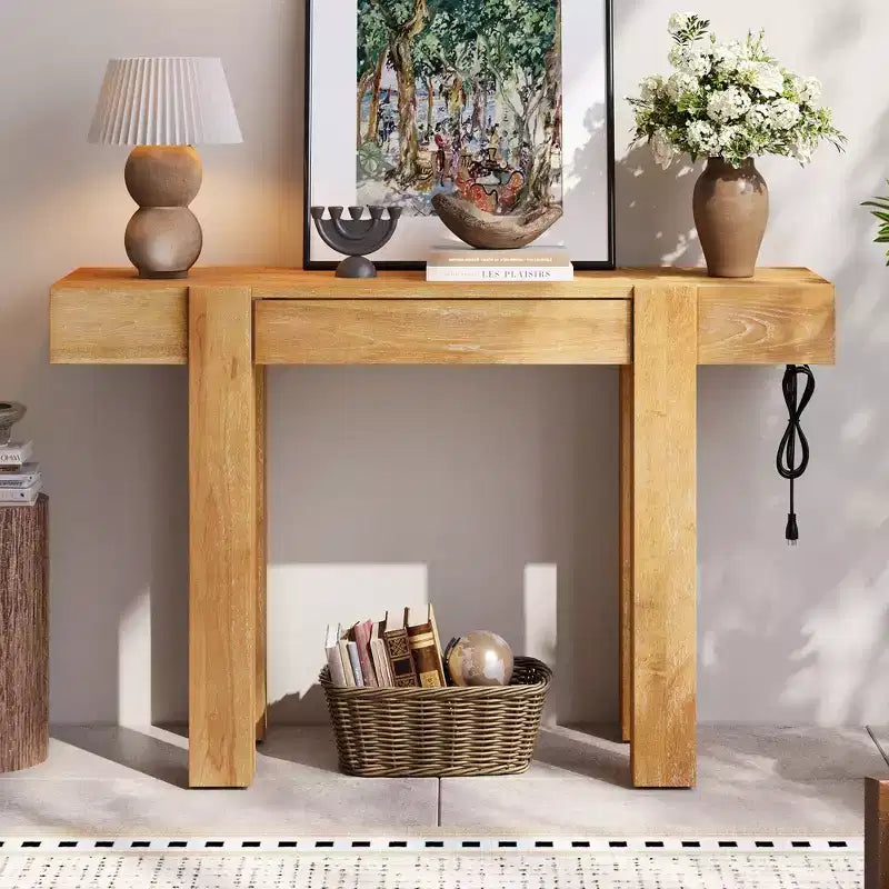 GDFStudio Sam 47.25 Rustic Minimalist Console Table with Hidden Drawer and Side Power Outlet