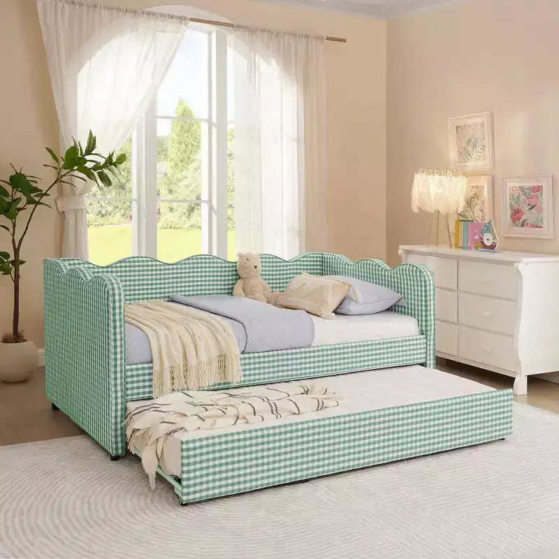 Zeus & Ruta Twin Daybed with Trundle & Wavy Headboard