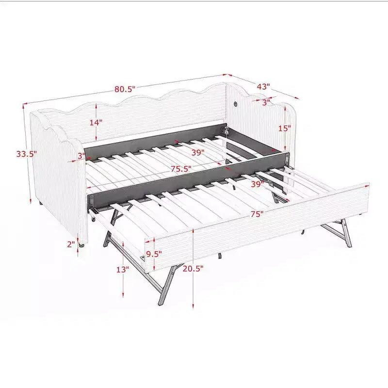 Zeus & Ruta Twin Daybed with Trundle & Wavy Headboard