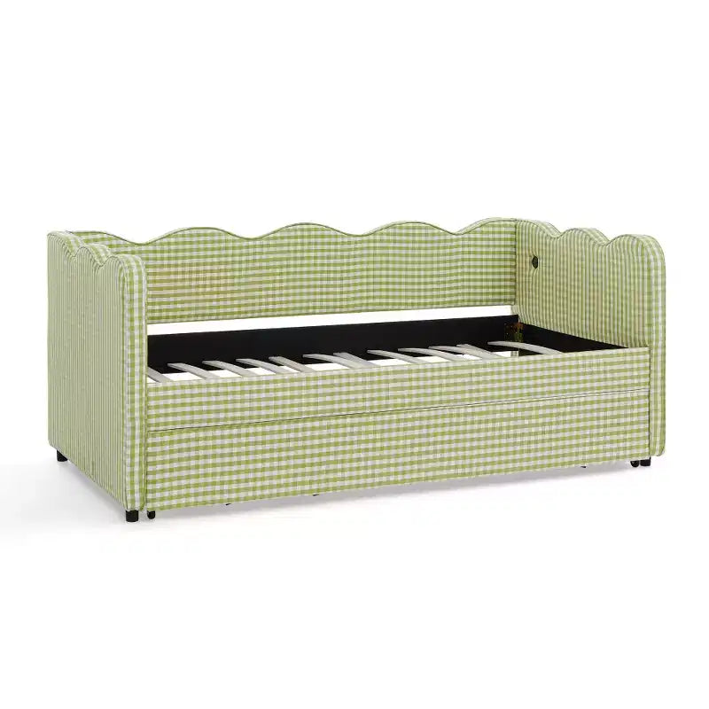 Zeus & Ruta Twin Daybed with Trundle & Wavy Headboard