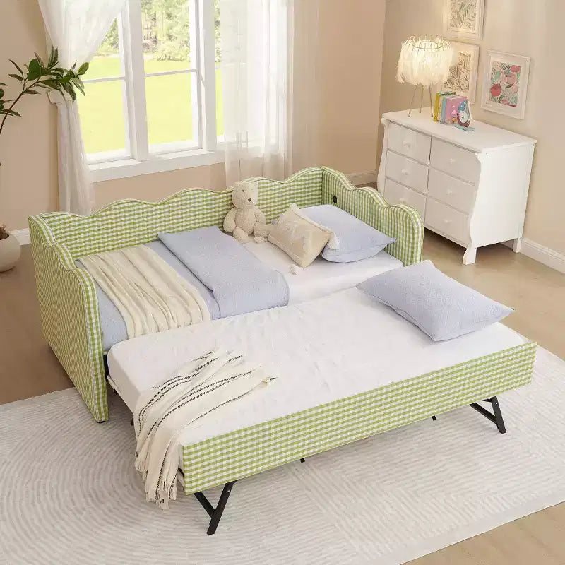Zeus & Ruta Twin Daybed with Trundle & Wavy Headboard