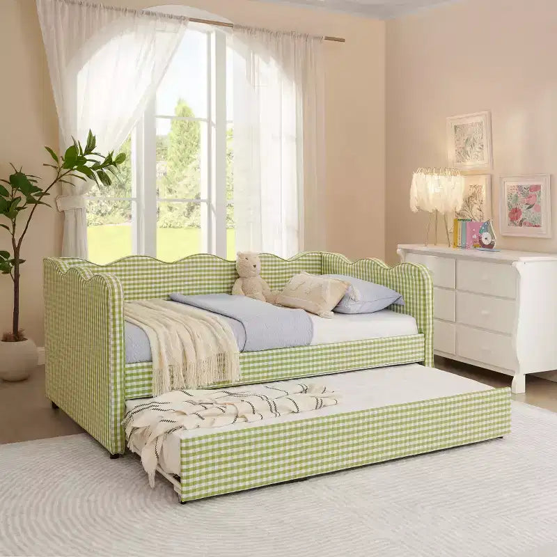 Zeus & Ruta Twin Daybed with Trundle & Wavy Headboard