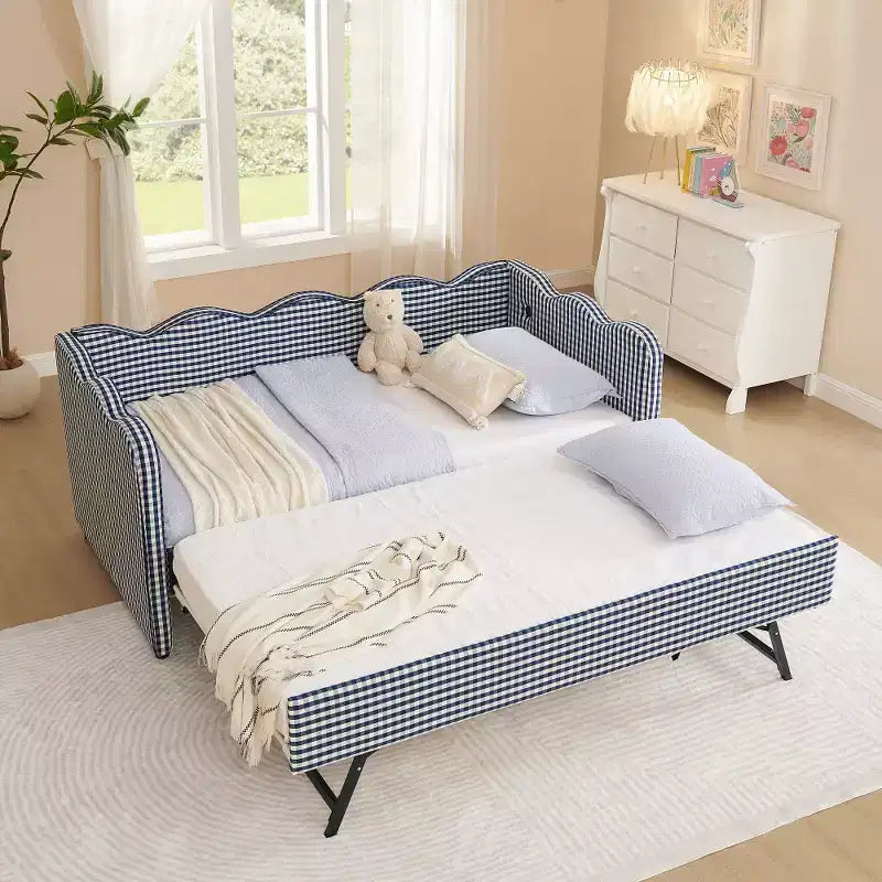 Zeus & Ruta Twin Daybed with Trundle & Wavy Headboard