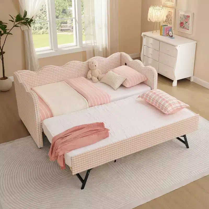 Zeus & Ruta Twin Daybed with Trundle & Wavy Headboard