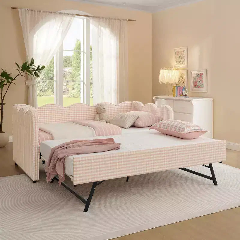 Zeus & Ruta Twin Daybed with Trundle & Wavy Headboard