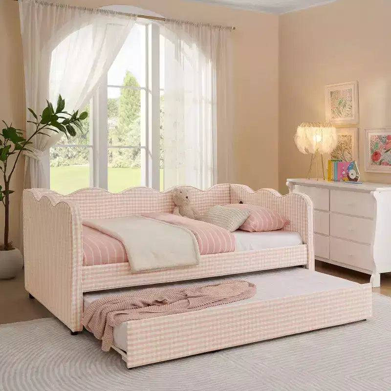 Zeus & Ruta Twin Daybed with Trundle & Wavy Headboard