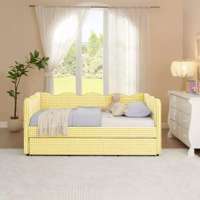 Zeus & Ruta Twin Daybed with Trundle & Wavy Headboard