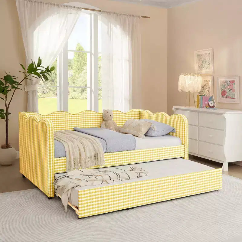Zeus & Ruta Twin Daybed with Trundle & Wavy Headboard