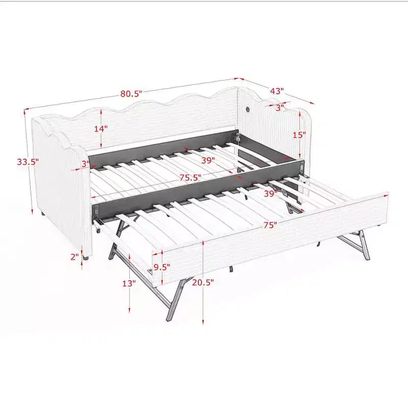 Zeus & Ruta Twin Daybed with Trundle & Wavy Headboard