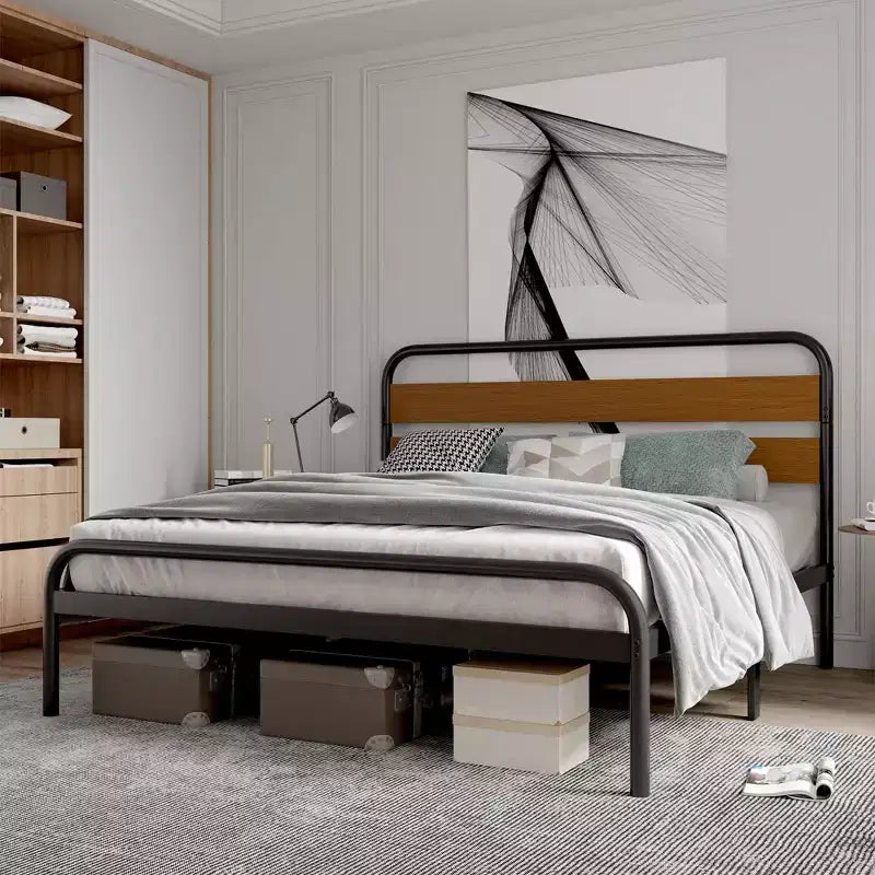 King Size Bed Frame, Heavy Duty Platform Frame with Wooden Headboard and Under-Bed Storage, Noise Free Design Mattress Foundation, Easy Assembly