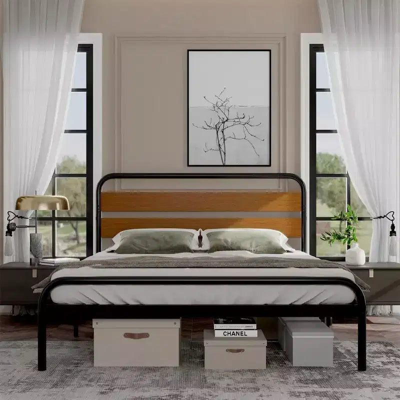 King Size Bed Frame, Heavy Duty Platform Frame with Wooden Headboard and Under-Bed Storage, Noise Free Design Mattress Foundation, Easy Assembly
