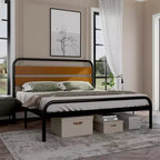 King Size Bed Frame, Heavy Duty Platform Frame with Wooden Headboard and Under-Bed Storage, Noise Free Design Mattress Foundation, Easy Assembly