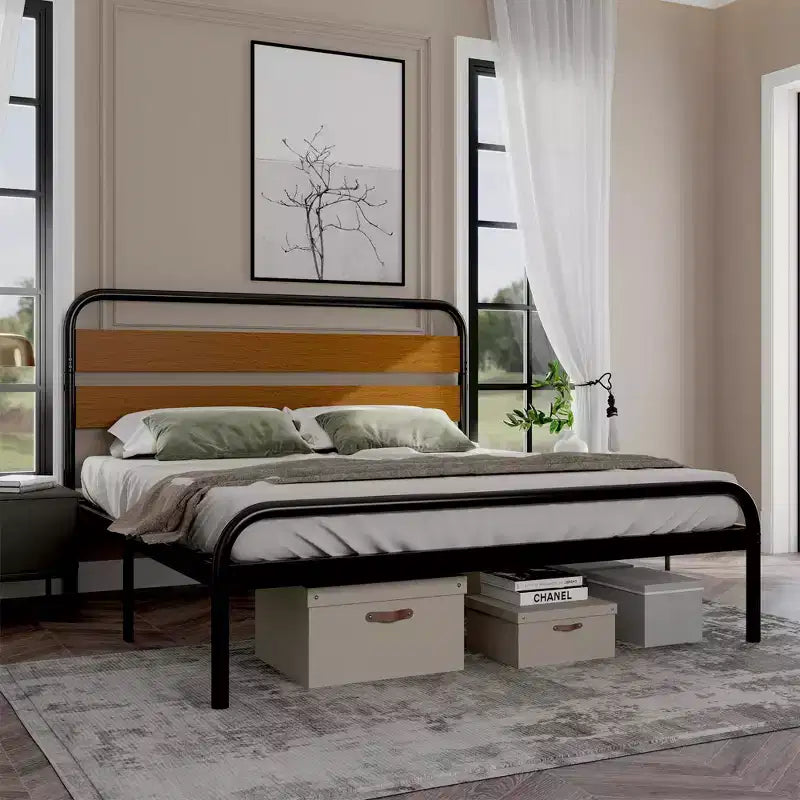 King Size Bed Frame, Heavy Duty Platform Frame with Wooden Headboard and Under-Bed Storage, Noise Free Design Mattress Foundation, Easy Assembly