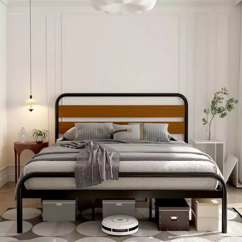 King Size Bed Frame, Heavy Duty Platform Frame with Wooden Headboard and Under-Bed Storage, Noise Free Design Mattress Foundation, Easy Assembly