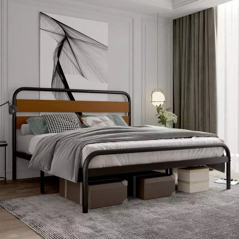 King Size Bed Frame, Heavy Duty Platform Frame with Wooden Headboard and Under-Bed Storage, Noise Free Design Mattress Foundation, Easy Assembly