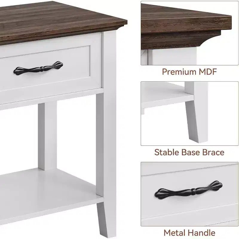 Comodino con Tavolino da Notte in Legno, 1 Cassetto, Ripiano Aperto, Tavolino Laterale Industriale, Comodino Stretto Bianco, Versatile per Camera da Letto, Piccoli Spazi