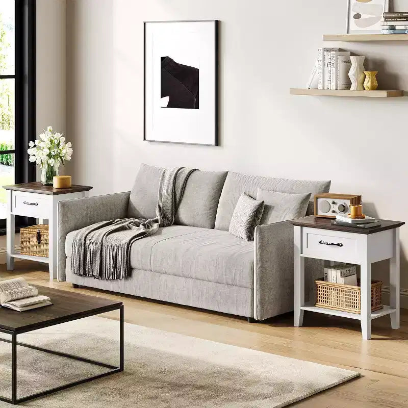 Comodino con Tavolino da Notte in Legno, 1 Cassetto, Ripiano Aperto, Tavolino Laterale Industriale, Comodino Stretto Bianco, Versatile per Camera da Letto, Piccoli Spazi