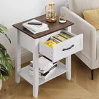 Comodino con Tavolino da Notte in Legno, 1 Cassetto, Ripiano Aperto, Tavolino Laterale Industriale, Comodino Stretto Bianco, Versatile per Camera da Letto, Piccoli Spazi