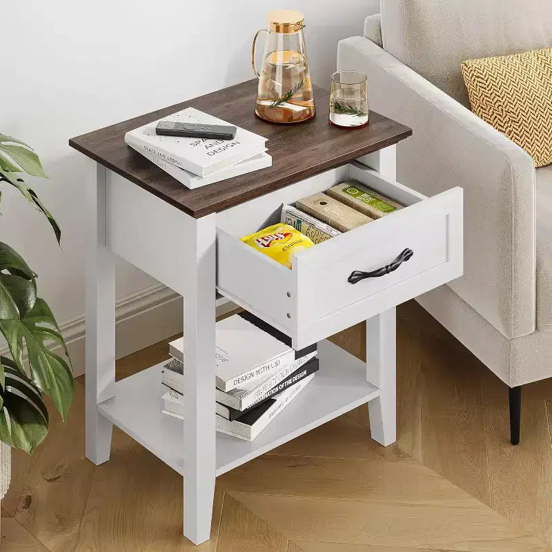 Comodino con Tavolino da Notte in Legno, 1 Cassetto, Ripiano Aperto, Tavolino Laterale Industriale, Comodino Stretto Bianco, Versatile per Camera da Letto, Piccoli Spazi