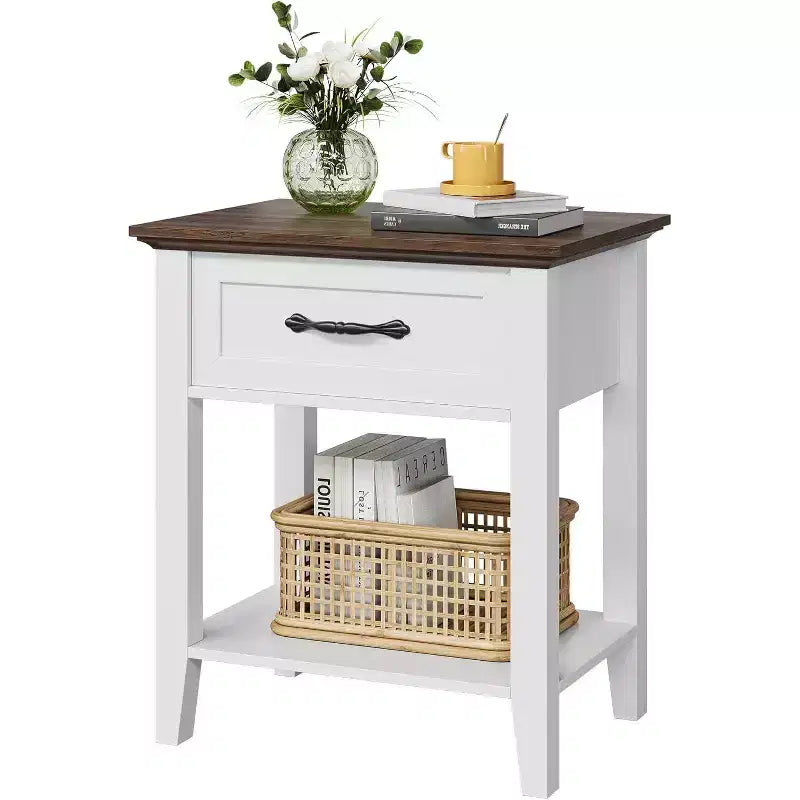 Comodino con Tavolino da Notte in Legno, 1 Cassetto, Ripiano Aperto, Tavolino Laterale Industriale, Comodino Stretto Bianco, Versatile per Camera da Letto, Piccoli Spazi