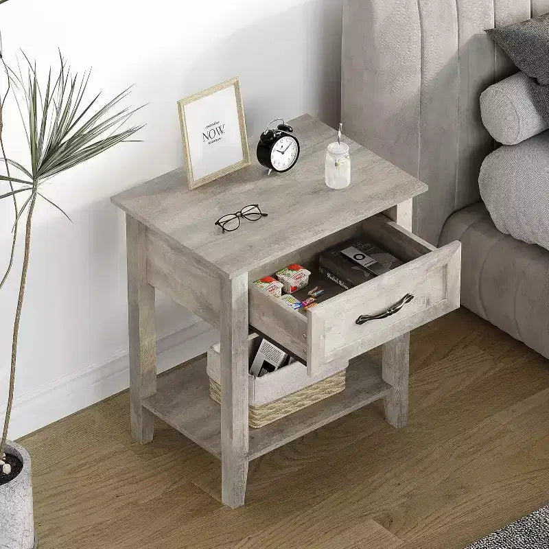 Comodino con Tavolino da Notte in Legno, 1 Cassetto, Ripiano Aperto, Tavolino Laterale Industriale, Comodino Stretto Bianco, Versatile per Camera da Letto, Piccoli Spazi