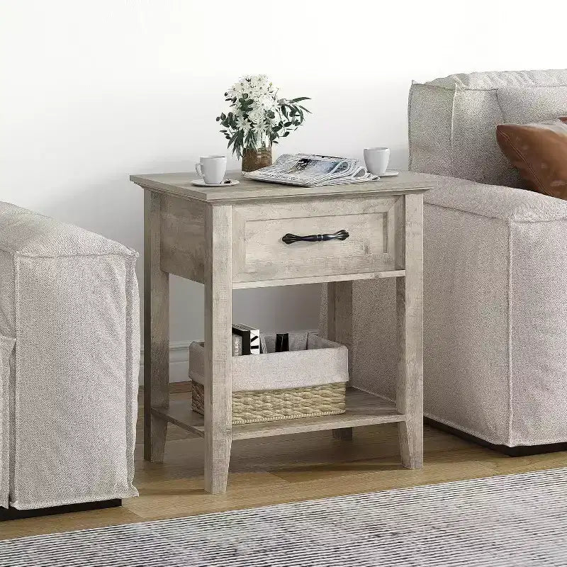 Comodino con Tavolino da Notte in Legno, 1 Cassetto, Ripiano Aperto, Tavolino Laterale Industriale, Comodino Stretto Bianco, Versatile per Camera da Letto, Piccoli Spazi