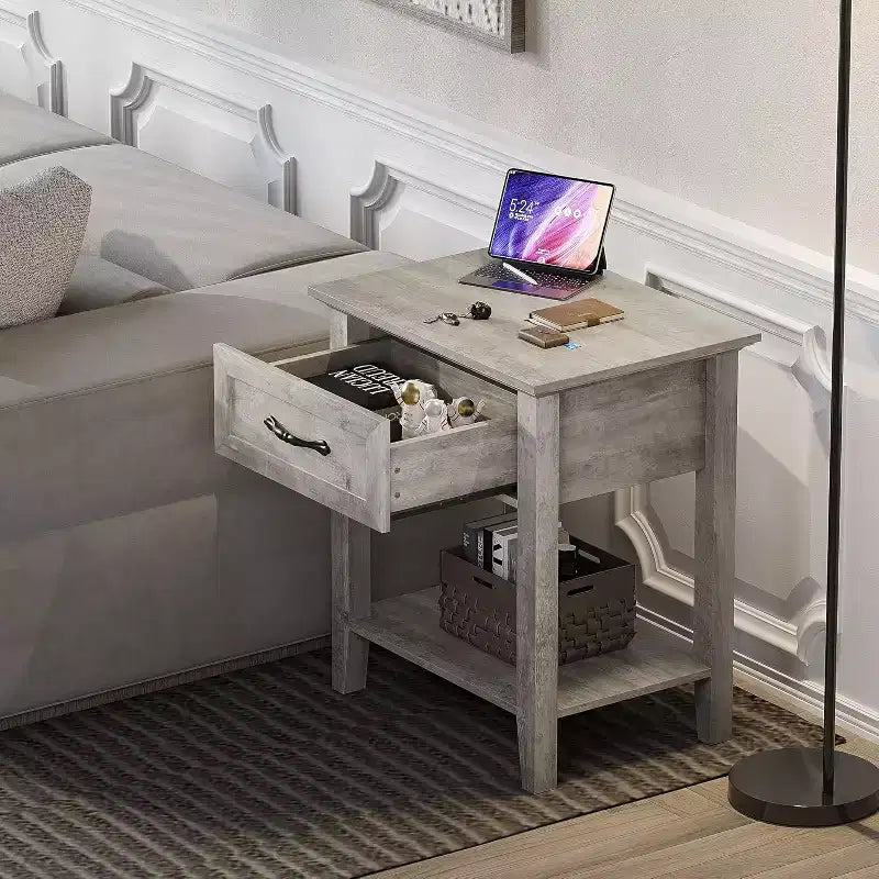 Comodino con Tavolino da Notte in Legno, 1 Cassetto, Ripiano Aperto, Tavolino Laterale Industriale, Comodino Stretto Bianco, Versatile per Camera da Letto, Piccoli Spazi