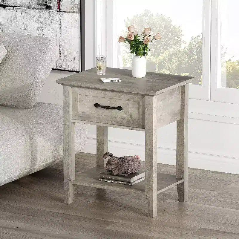 Nightstand with Wood Bedside Table 1 Drawer, Open Storage Shelf, Industrial Side Table, Narrow White Nightstand, Versatile for Bedroom,Small Spaces