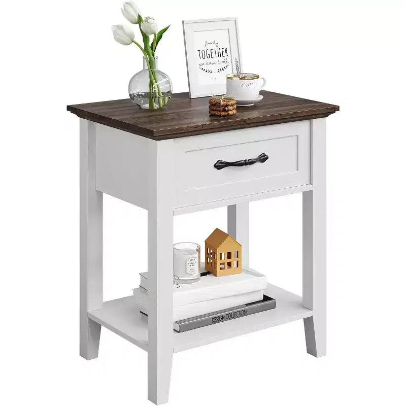 Nightstand with Wood Bedside Table 1 Drawer, Open Storage Shelf, Industrial Side Table, Narrow White Nightstand, Versatile for Bedroom,Small Spaces