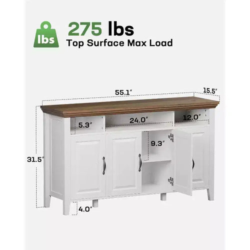 Amada Buffet Cabinet with Storage, 55 In Large Sideboard Storage Cabinet with Adjustable Shelves, 4 Doors, Modern Farmhouse Coffee Bar Cabinet
