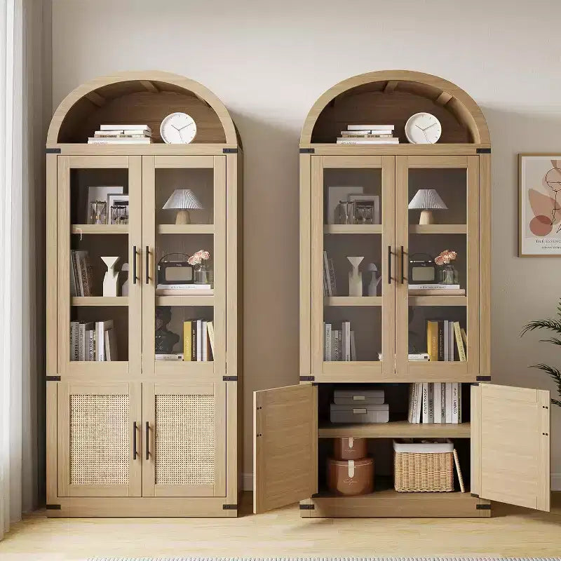 Libreria ad arco da 72'' con ante in vetro, armadio in legno a 6 ripiani per soggiorno, cucina o ufficio, scaffali espositivi in stile rustico