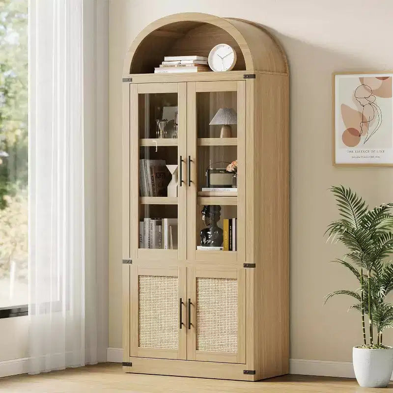 Libreria ad arco da 72'' con ante in vetro, armadio in legno a 6 ripiani per soggiorno, cucina o ufficio, scaffali espositivi in stile rustico