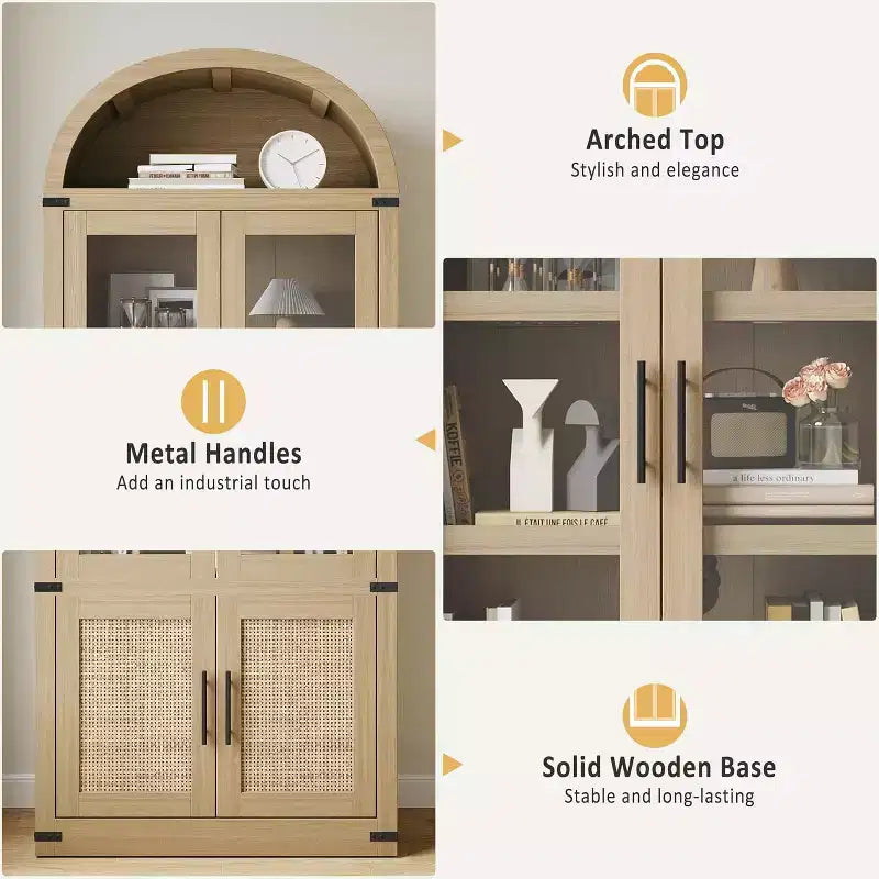 Libreria ad arco da 72'' con ante in vetro, armadio in legno a 6 ripiani per soggiorno, cucina o ufficio, scaffali espositivi in stile rustico