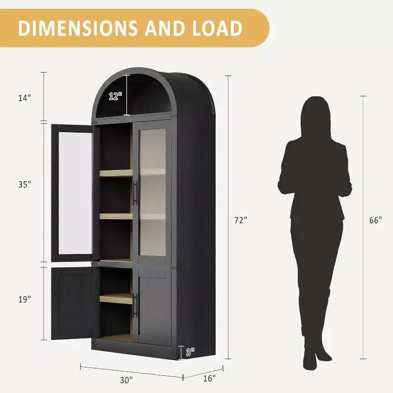 Libreria ad arco da 72'' con ante in vetro, armadio in legno a 6 ripiani per soggiorno, cucina o ufficio, scaffali espositivi in stile rustico