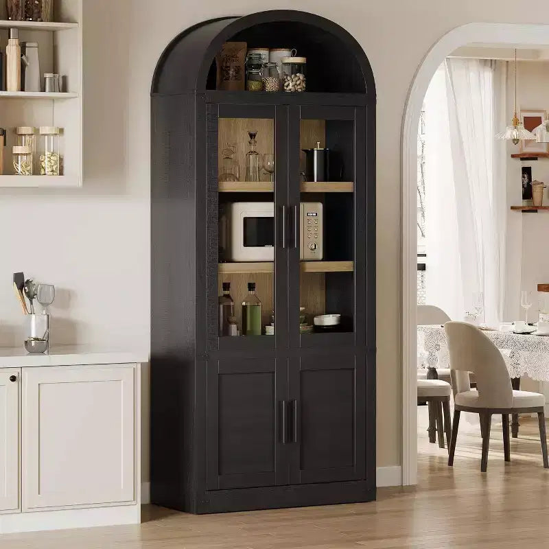 Libreria ad arco da 72'' con ante in vetro, armadio in legno a 6 ripiani per soggiorno, cucina o ufficio, scaffali espositivi in stile rustico