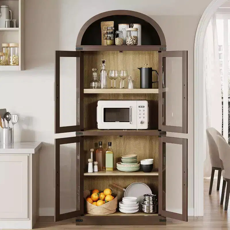 Libreria ad arco da 72'' con ante in vetro, armadio in legno a 6 ripiani per soggiorno, cucina o ufficio, scaffali espositivi in stile rustico