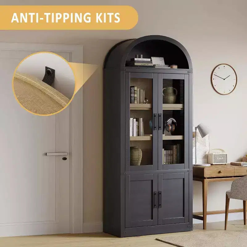Libreria ad arco da 72'' con ante in vetro, armadio in legno a 6 ripiani per soggiorno, cucina o ufficio, scaffali espositivi in stile rustico