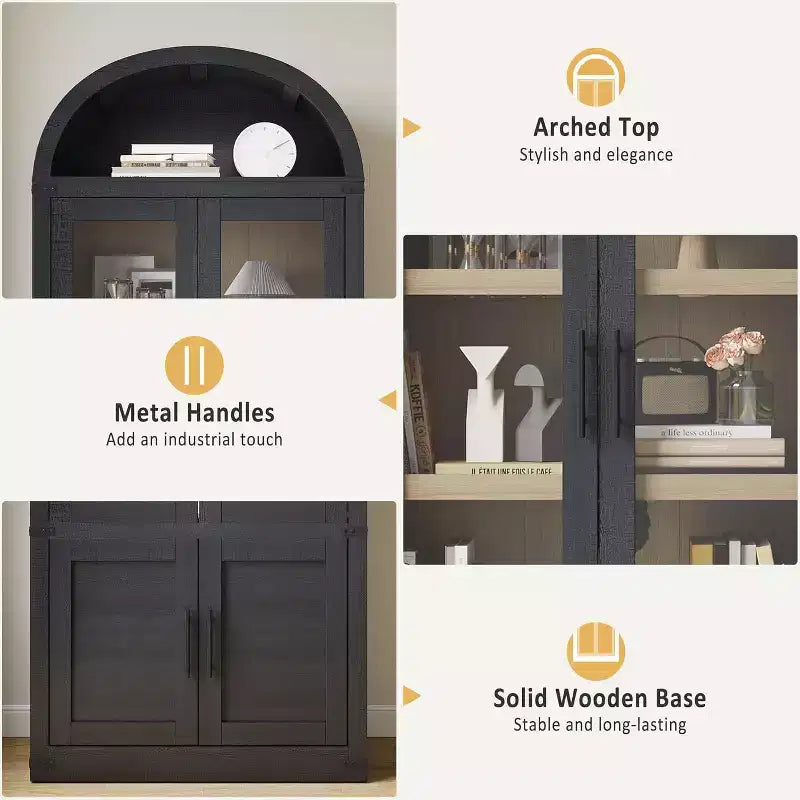 Libreria ad arco da 72'' con ante in vetro, armadio in legno a 6 ripiani per soggiorno, cucina o ufficio, scaffali espositivi in stile rustico