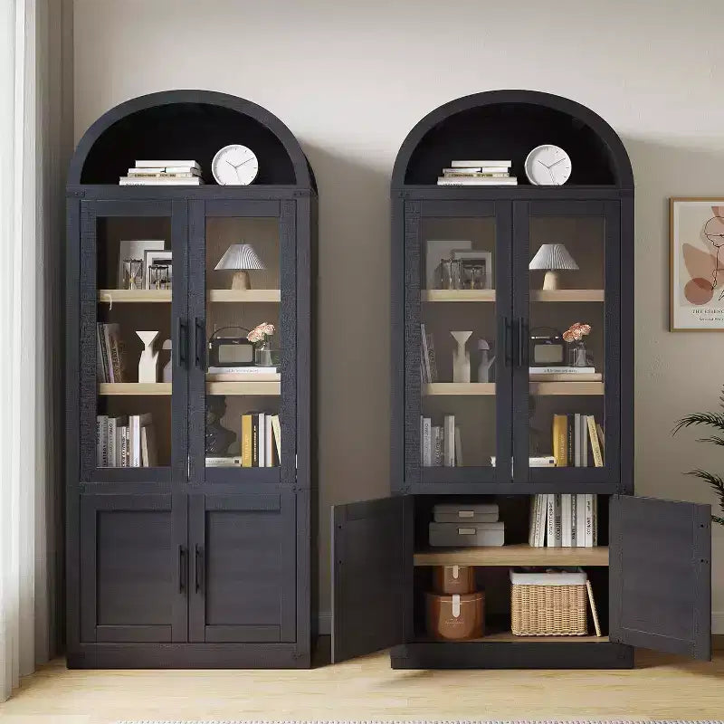 Libreria ad arco da 72'' con ante in vetro, armadio in legno a 6 ripiani per soggiorno, cucina o ufficio, scaffali espositivi in stile rustico