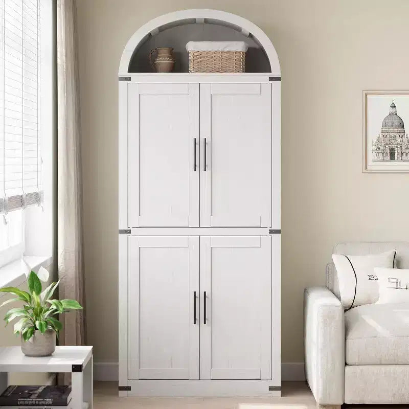Libreria ad arco da 72'' con ante in vetro, armadio in legno a 6 ripiani per soggiorno, cucina o ufficio, scaffali espositivi in stile rustico